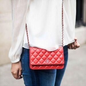 New! Authenticated Chanel CC Patent Leather CORAL RED MINI Bag SHW WOC